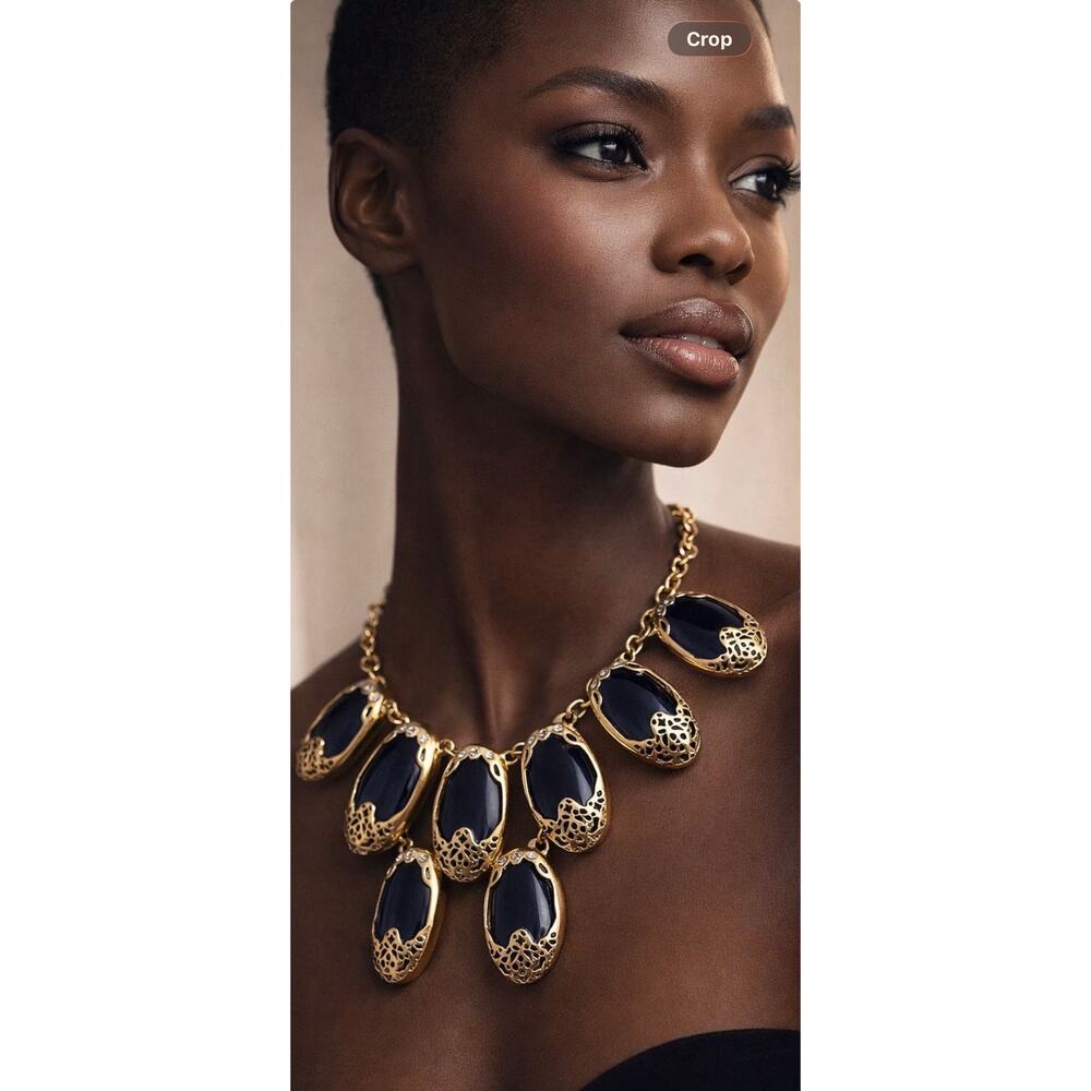 Vintage Gold Tone Blue Acrylic Statement Necklace 22”